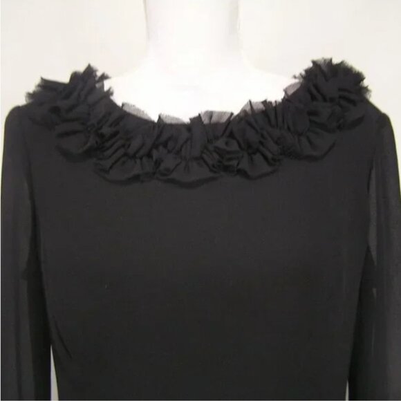 Black Ruffle Neck Blouse Size 8 Semi Sheer Sleeves - Picture 2 of 7